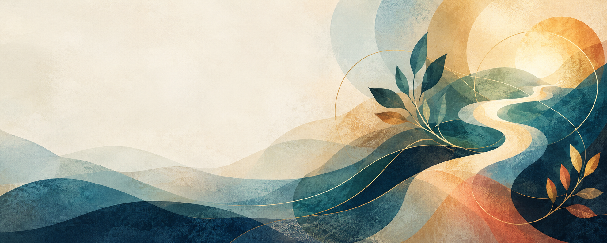 Layered teal and amber forms flowing toward light
